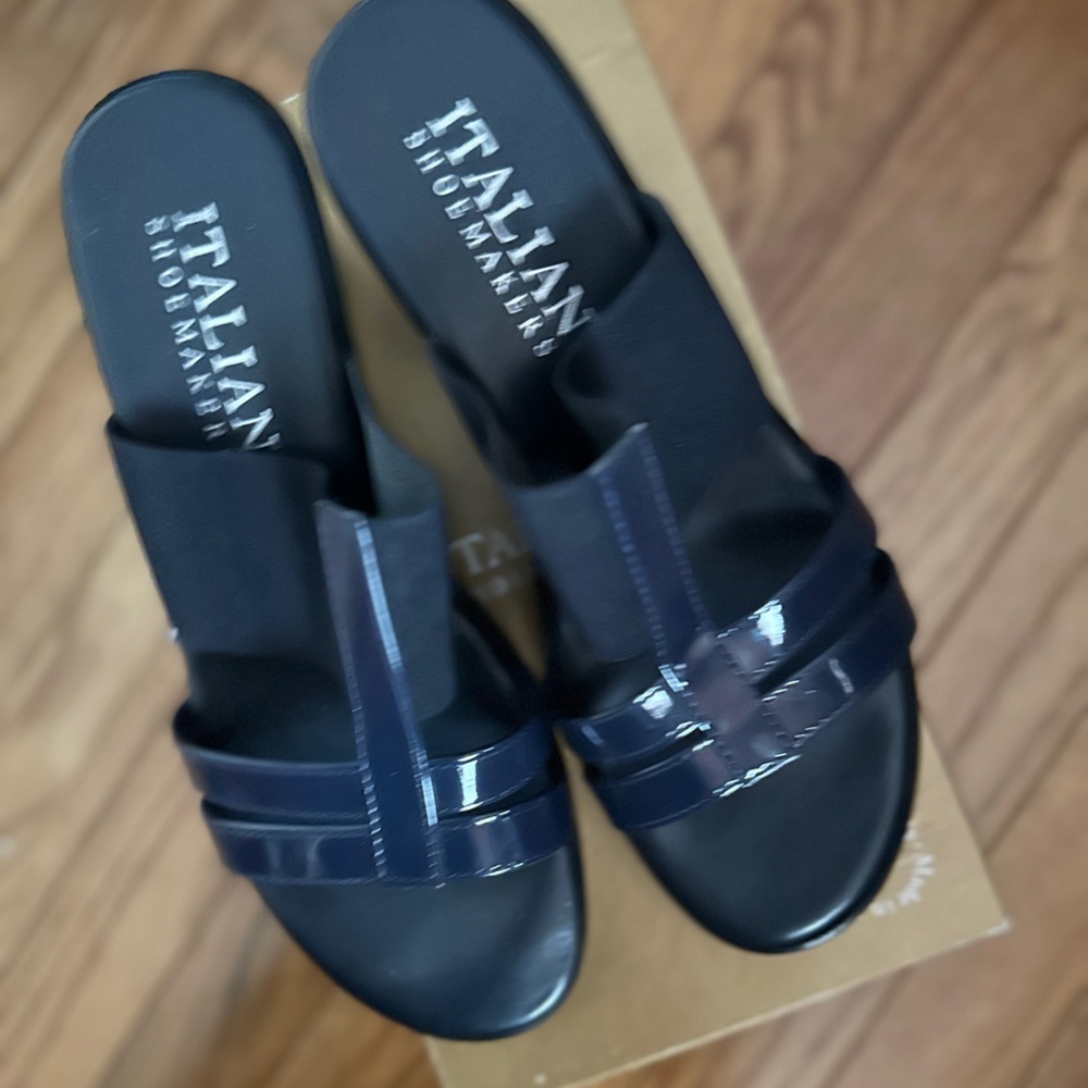 Navy leather wedge heel sandals, very comfortable, almost new.